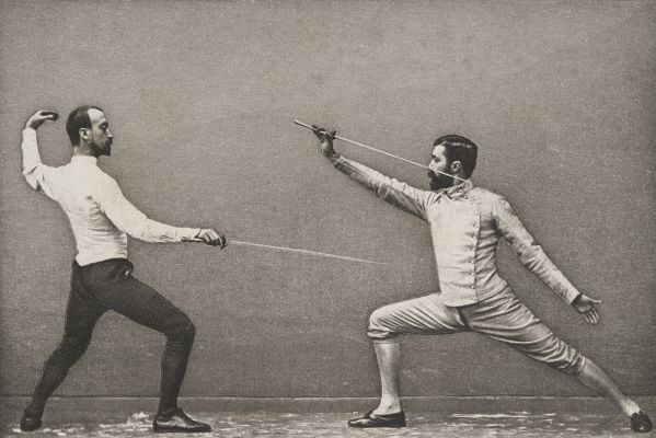 The Salute. Position after disengagement into inside line. Parried by quarte.