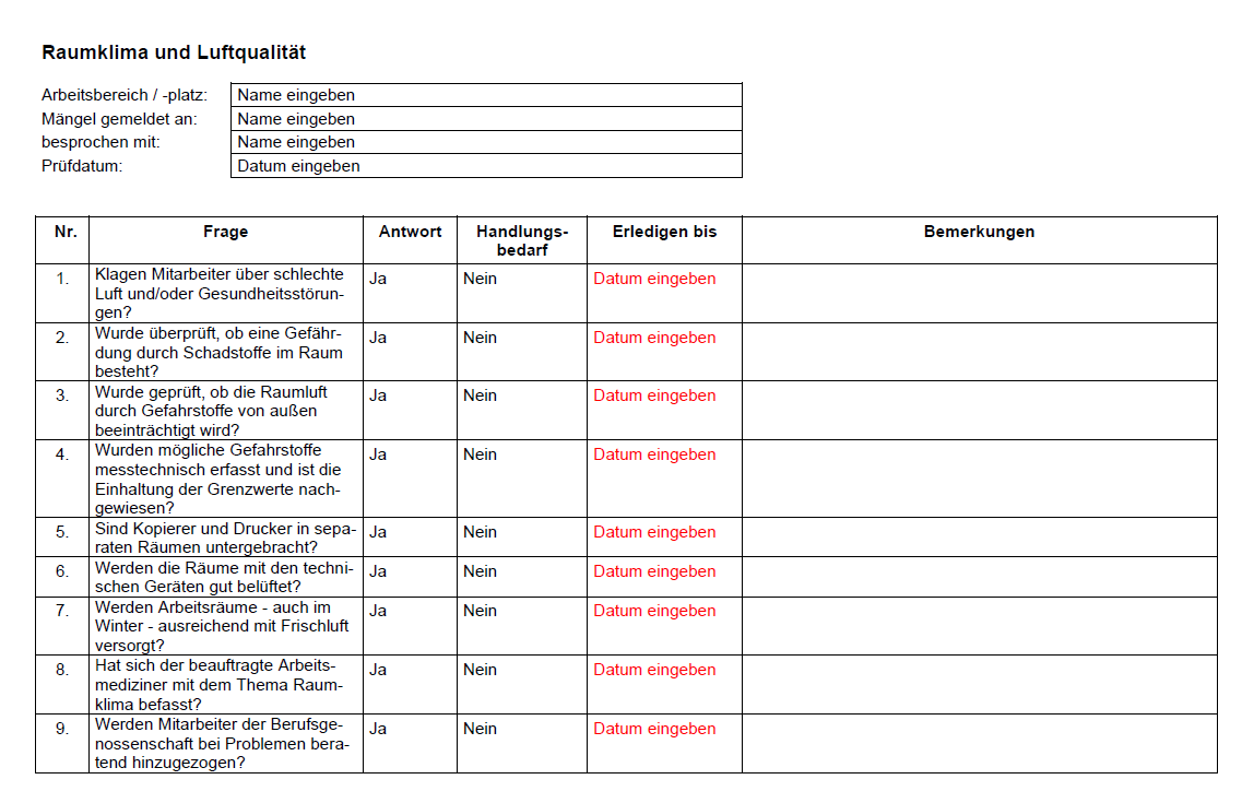 Vorschau der Checkliste für ein angemessenes Raumklima und eine angemessene Luftqualität