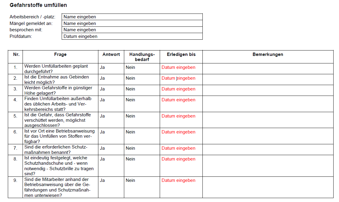 Auszug aus der Checkliste für das Umfüllen von Gefahrstoffen