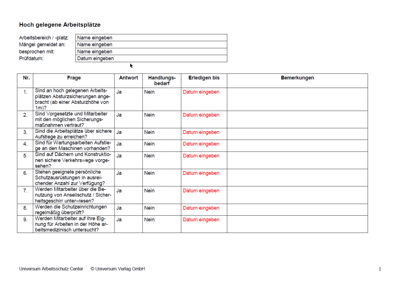 Erste Seite der Checkliste hochgelegene Arbeitsplätze