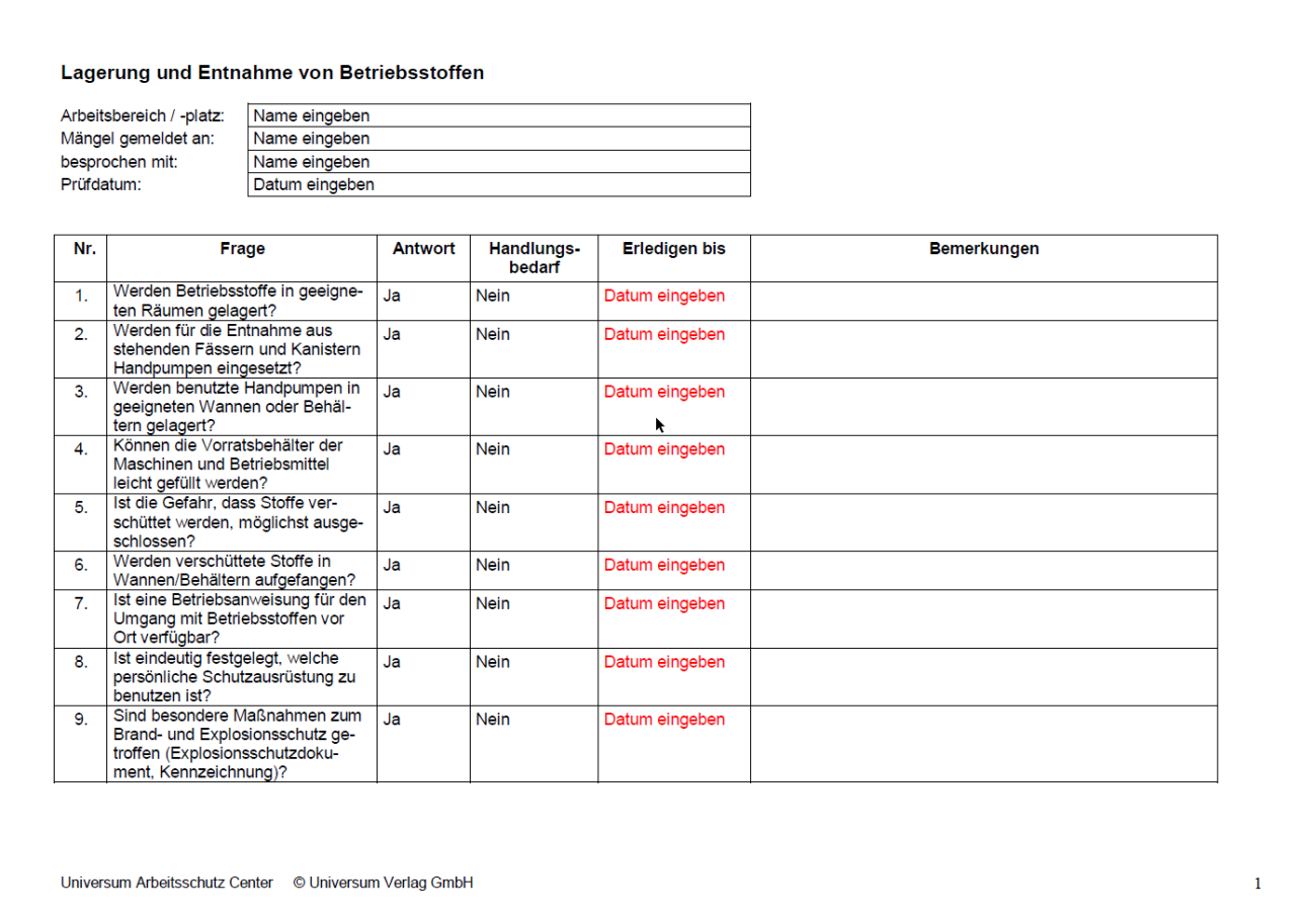 Erste Seite der Vorschau Lagerung und Entnahme Betriebsstoffe.