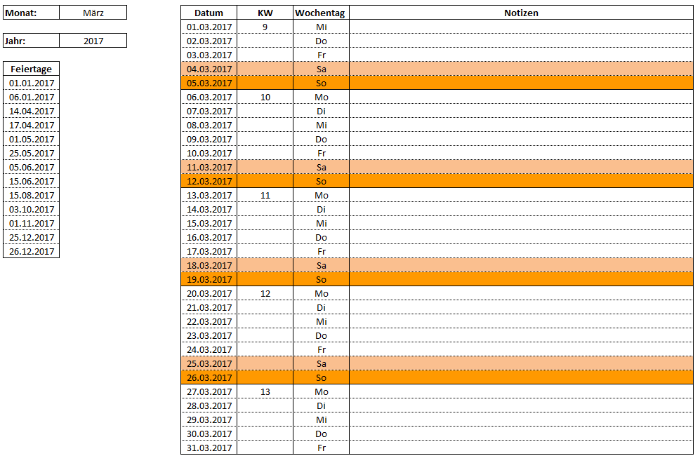 Vorlage zum Download: Excel - Monatskalender