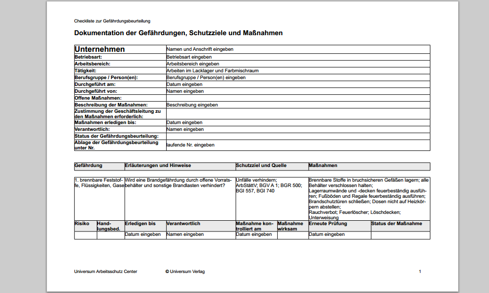 Auszug aus der Gefährdungsbeurteilung zum Arbeiten im Lacklager und Farbmischraum.