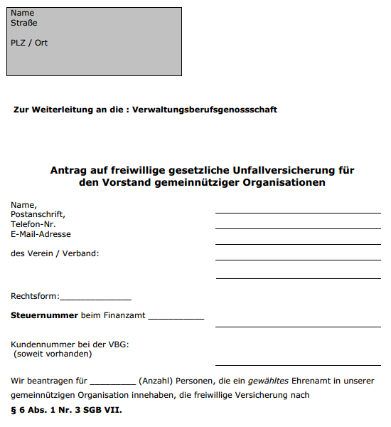 Auszug aus dem Antrag auf Versicherungsschutz für einen ehrenamtlichen Vorstand in einem gemeinnützigen Verein oder Verband.