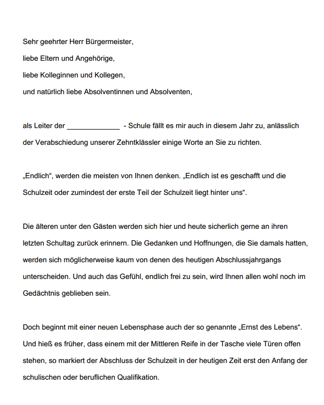 Abschlussrede Mittlere Reife Schulleiter Vorlage Zum Download