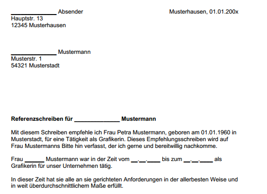 Einblick in das Empfehlungsschreiben eines/einer Kunden/Kundin für eine freiberufliche Grafikerin.