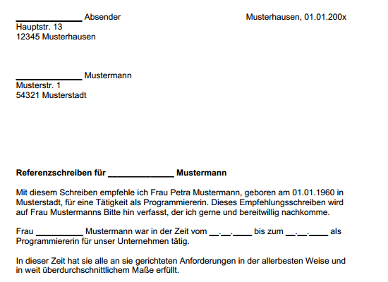 Auszug aus dem Muster eines Empfehlungsschreibens für eine freiberufliche Programmiererin.