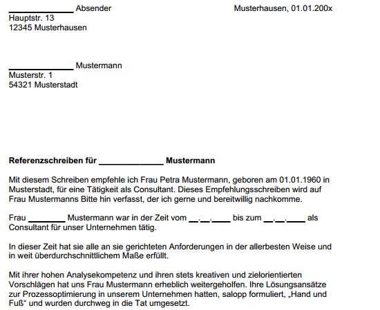 Einblick in das Empfehlungsschreiben eines/einer Kunden/Kundin für eine freiberufliche Consultantin.