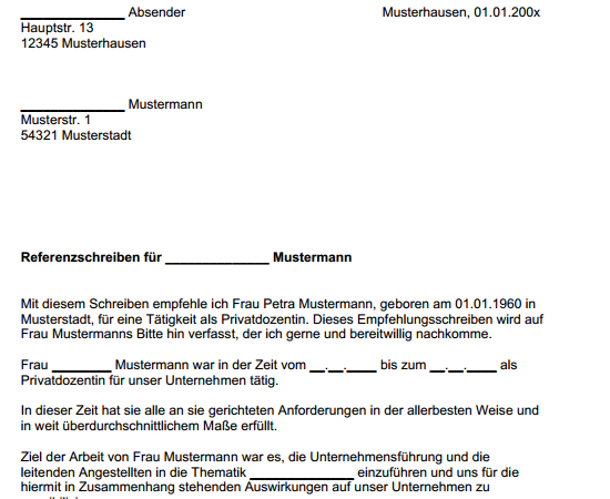 Auszug aus dem Muster eines Empfehlungsschreibens eines Kunden für eine freiberufliche Privatdozentin.