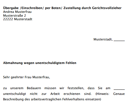 Einblick in die Abmahnung wegen unentschuldigten Fehlens.