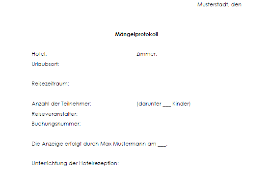 Auszug aus dem Mängelprotokoll mit anwesender Reiseleitung.