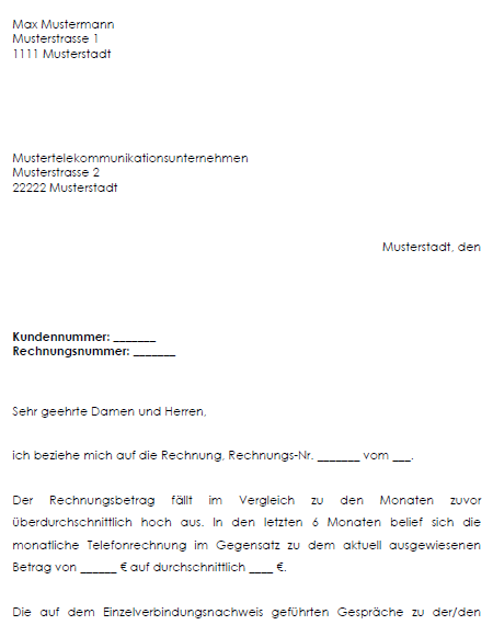 Auszug aus dem Widerspruch gegen eine Telefonrechnung.