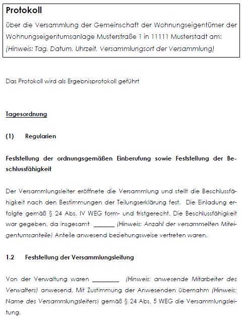 Auszug aus dem Musterprotokoll einer Wohnungseigentümerversammlung.