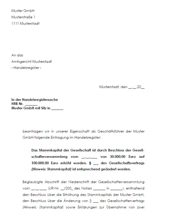 Auszug aus der Anmeldung der Kapitalerhöhung zum Handelsregister.