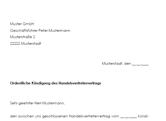 Ausschnitt aus der ordentlichen Vertragskündigung eines Handelsvertretervertrags.