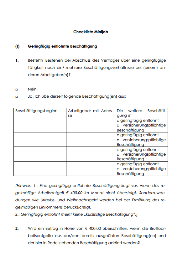 Auszug aus der Checkliste für Minijobs.