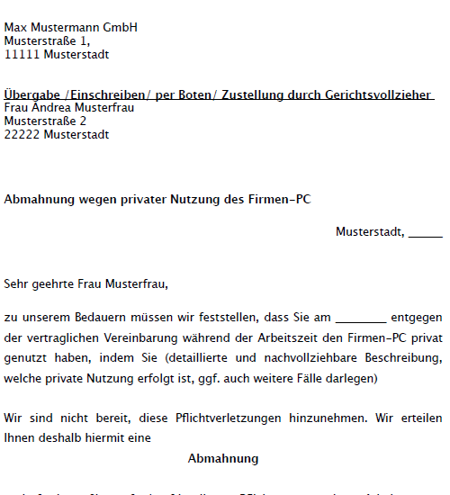 Auszug aus dem Muster eines Abmahnungsschreibens aufgrund von privater Firmen-PC-Nutzung.