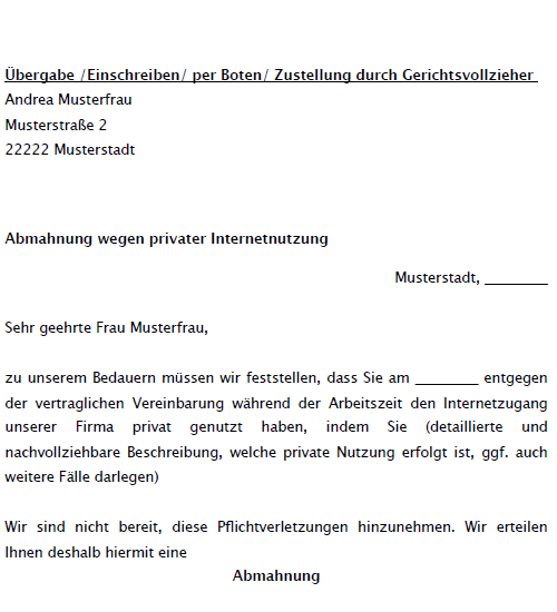 Auszug aus der Musterabmahnung aufgrund von privater Internetnutzung.