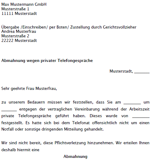 Auszug aus dem Musterschreiben einer Abmahnung wegen Privattelefonie.