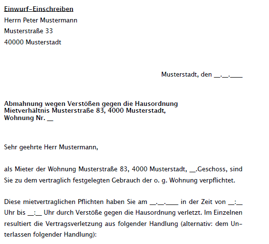 Auszug aus der Musterabmahnung wegen Vertoßes gegen die Hausordnung.