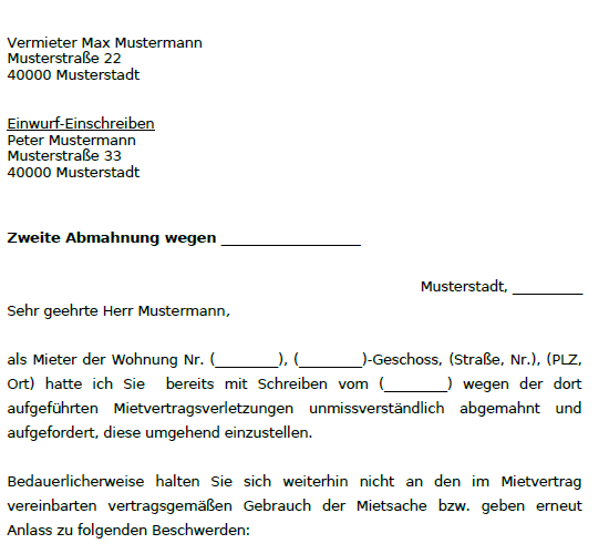 Auszug aus der zweiten Abmahnung durch den Vermieter.