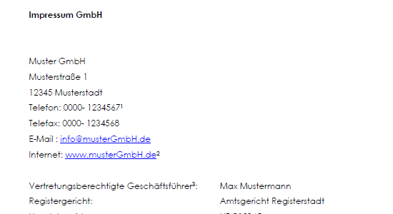 Ausschnitt aus dem Impressum einer GmbH (Gesellschaft mit beschränkter Haftung).