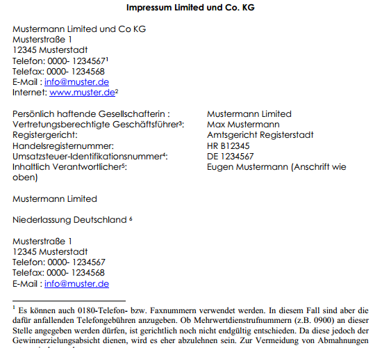 Auszug aus dem Musterimpressum einer Limited (Ltd. und Co. KG)