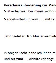 Mit der Unterstützung dieser Vorlage wenden Sie sich an Ihren Vermieter mit der Bitte um einen Vorschuss für notwendige Reparatur- und/oder Indstandsetzungsmaßnahmen in Ihrer Mietsache. 