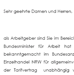 Die Mustervorlage unterstützt Sie bei der Geltendmachung von Ansprüchen aus einem allgemeinverbindlichen Tarifvertrag gegenüber Ihrem Arbeitgeber. 