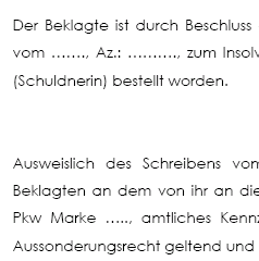 Die Vorlage unterstützt Sie bei der Durchsetzung von Schadensersatzansprüchen, im speziellen Fall der Verletzung von Aussonderungsrechten des Insolvenzverwalters gegenüber einem Gläubiger.