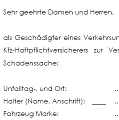 Mit diesem Musterschreiben wenden Sie sich an den Zentralruf der Autoversicherer, um nach einem Unfallhergang auf diesem Weg die Autoversicherung des Unfallgegners ausfindig zu machen.