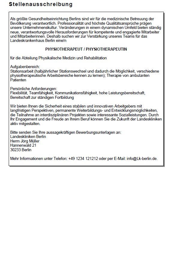 Bewerbung - Physiotherapeut/in (Berufseinsteiger) | Nur 6,90€