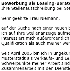 Für Ihre Bewerbung als Leasing-Berater/in mit Berufserfahrung (ungekündigt) erhalten Sie professionelle und sofort einsetzbare Vorlagen zum Download.