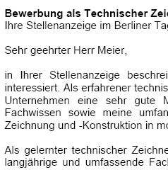 Für Ihre Bewerbung als Technischer Zeichner/in mit Berufserfahrung (gekündigt) erhalten Sie professionelle und sofort einsetzbare Vorlagen zum Download.
