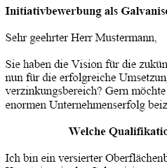 Für Ihre Bewerbung als Galvaniseur/in / Oberflächenbeschichter/in mit Berufserfahrung (ungekündigt) erhalten Sie professionelle und sofort einsetzbare Vorlagen zum Download.