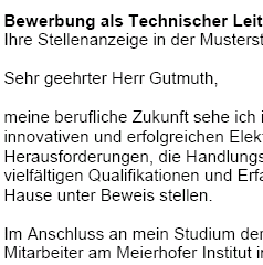 Für Ihre Bewerbung als Technische/r Leiter/in (Dipl.-Ing. der Elektrotechnik) mit Berufserfahrung (ungekündigt) erhalten Sie professionelle und sofort einsetzbare Vorlagen zum Download.