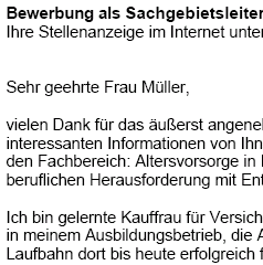 Für Ihre Bewerbung als Sachgebietsleiterin (Krankenversicherung) mit Berufserfahrung (ungekündigt) erhalten Sie professionelle und sofort einsetzbare Vorlagen zum Download.
