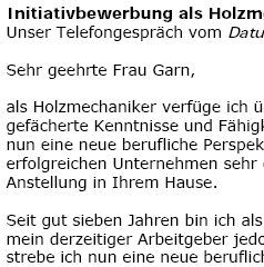 Für Ihre Bewerbung als Holzmechaniker/in mit Berufserfahrung (ungekündigt) erhalten Sie professionelle und sofort einsetzbare Vorlagen zum Download.
