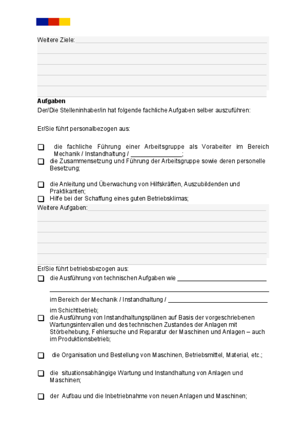Auszug aus Vorlage für eine klar strukturierte Stellenbeschreibung für eine/n Mechaniker/in (Vorarbeiter/in) zum günstigen Download.