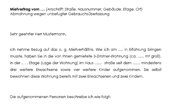 Der Ausschnitt zeigt einen Teil des Musters zur Abmahnung bei unbefugter Untervermietung des Mieters.