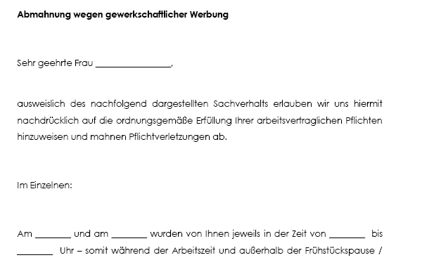 Diese Vorlage hilft dem Arbeitgeber beim Erstellen einer Abmahnung an den Arbeitnehmer wegen gewerkschaftlicher Werbung während der Arbeitszeit.