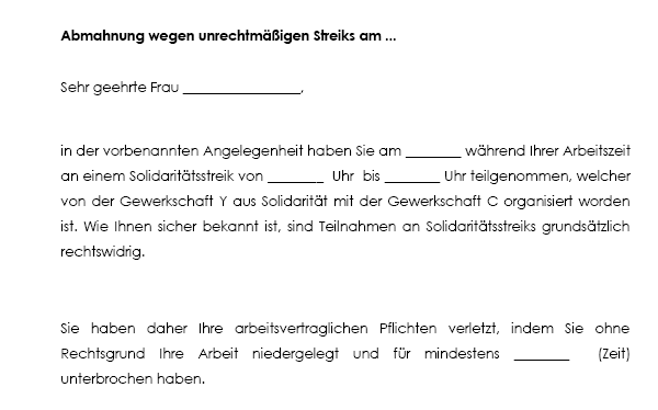 Ausschnitt aus der Vorlage zur Abmahnung eines Arbeitnehmers wegen der Teilnahme an einem unrechtmäßigem Streik.