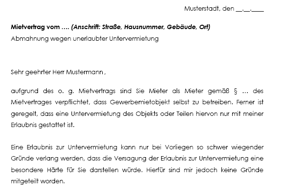 Passen Sie diese Abmahnung an und fordern Sie Ihren Vermieter damit auf, die Untervermietung zu unterlassen!