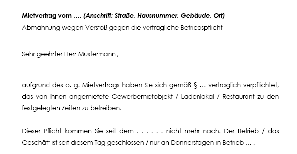 Unter Verwendung dieser Vorlage mahnt der Vermieter seinen Mieter ab, weil er seine Betriebspflicht nicht einhält.