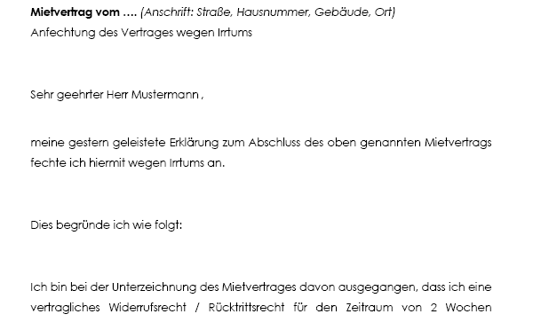 Mit dieser Vorlage können Sie als Mieter bei einem Irrtum den Mietvertrag anfechten.