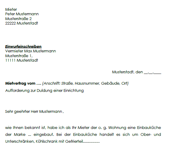 Mit dieser Vorlage können Sie Ihren ehemaligen Vermieter auffordern die Wegnahme einer von Ihnen in die Wohnung eingebrachten Sache zu dulden.
