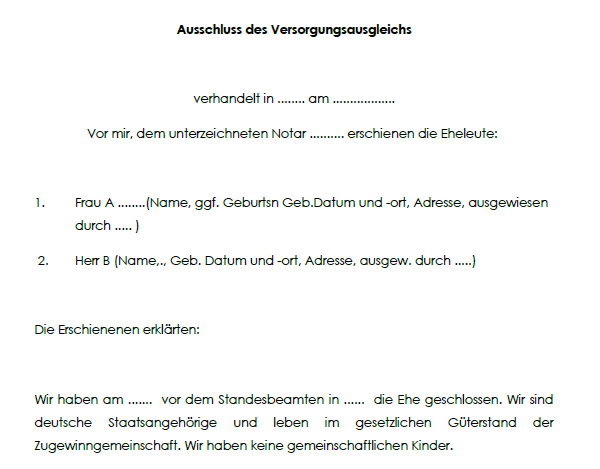 Mit dieser Vorlage können Sie einen Ehevertrag schließen um den bei einer Scheidung eintretenden Versorgungsausgleich auszuschließen.