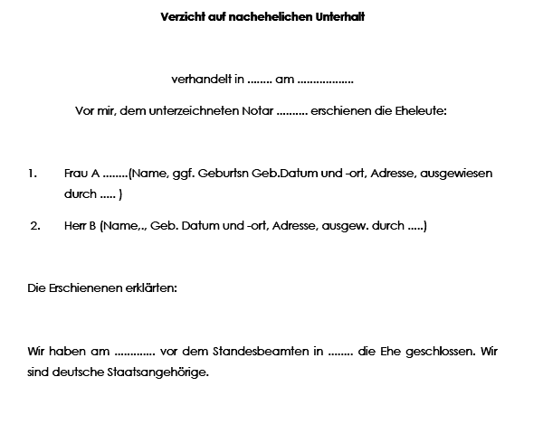 Mithilfe dieser Vorlage erklären Ehepartner den Verzicht auf nachehelichen Unterhalt im Falle einer Scheidung.