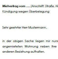 Beginn des Schreibens des Vermieters zur Kündigung des Mietvertrages wegen Überbelegung.