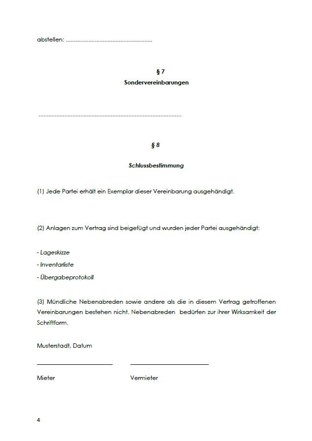 Sondervereinbarungen und Schlussbestimmung in der Vereinbarung über die Nuzung eines Mietergartens.